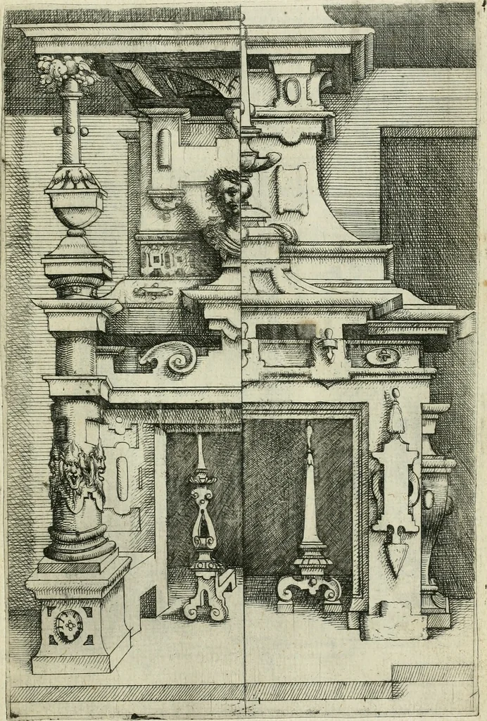 An illustration from Architectvra, vonn Ausstheijlung der fünff Seülen, vnd aller darausz folder Kunst vnd Arbeit von Festern, Camin, Thürgerichten, Portale, Bruñen vnd Epitaphie, 1612, leaf 88