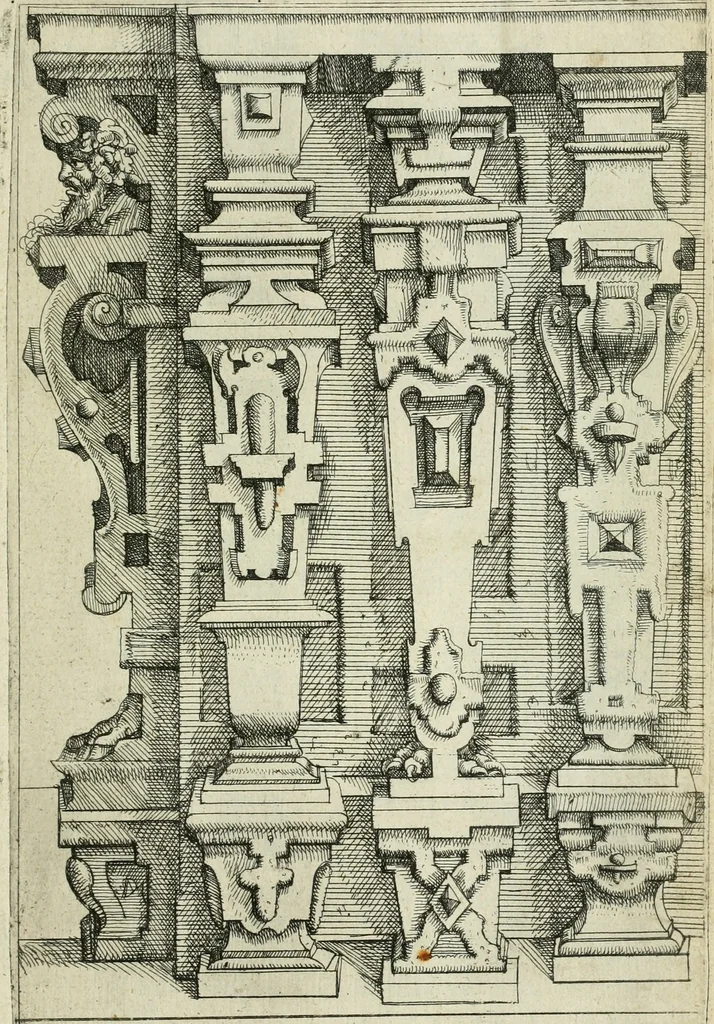 An illustration from Architectvra, vonn Ausstheijlung der fünff Seülen, vnd aller darausz folder Kunst vnd Arbeit von Festern, Camin, Thürgerichten, Portale, Bruñen vnd Epitaphie, 1612, leaf 90