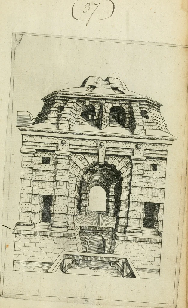 An illustration from Architectvra, vonn Ausstheijlung der fünff Seülen, vnd aller darausz folder Kunst vnd Arbeit von Festern, Camin, Thürgerichten, Portale, Bruñen vnd Epitaphie, 1612, leaf 96