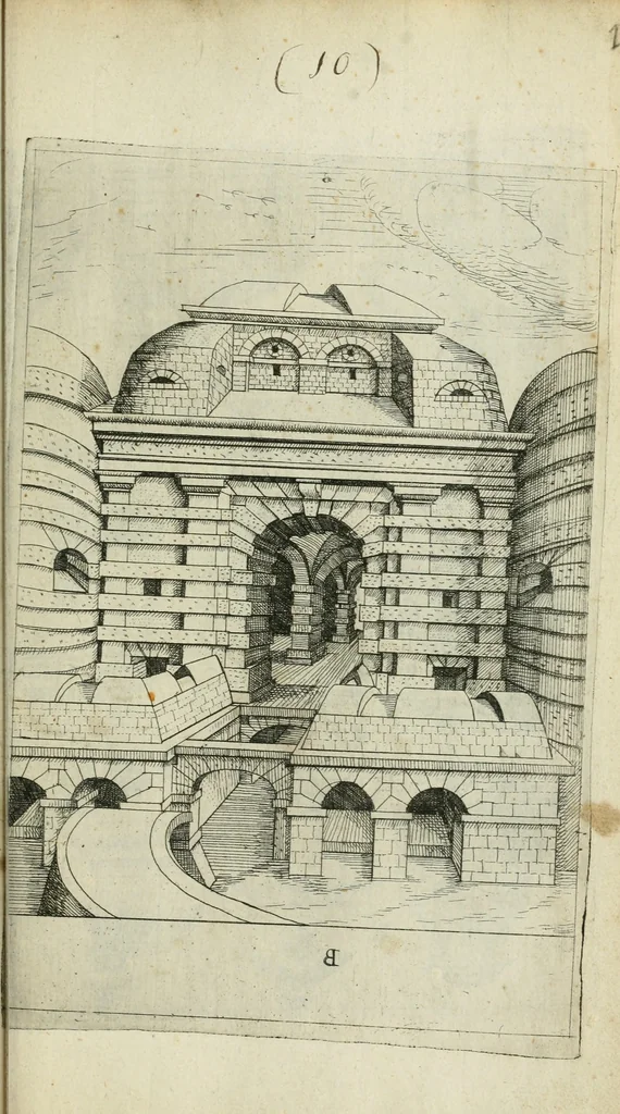 An illustration from Architectvra, vonn Ausstheijlung der fünff Seülen, vnd aller darausz folder Kunst vnd Arbeit von Festern, Camin, Thürgerichten, Portale, Bruñen vnd Epitaphie, 1612, leaf 98