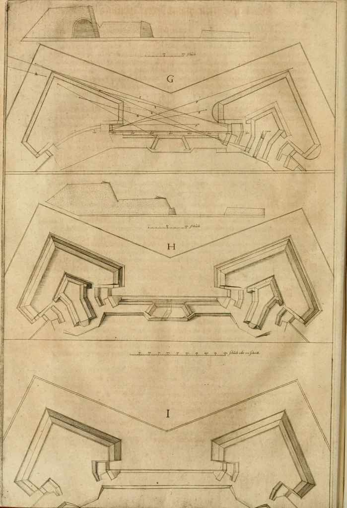 An illustration from Architectvra von Vestungen. Wie die zu vnsern Zeiten mögen erbawen werden, an Stätten, Schlössern vñ Clussen, zu Wasser, Land, Berg vñ Thal, mit jren Bollwercken, Caualiren, Streichen, Gräben vnd Leuffen, sampt deren gantzen Anhang vnd Nutzbarkeit, auch wie die Gegenwehr zu gebrauchen, was für Geschütz dahin gehörig, vnnd wie es geordnet vnnd gebraucht werden soll, alles ausz Grund vnd deren Fundamenten. Sampt den Grund Rissen, Visierungen, vnd Auffzügen für Augen gestellt, 1589, leaf 105