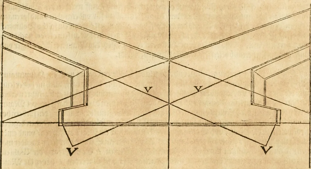An illustration from Architectvra von Vestungen. Wie die zu vnsern Zeiten mögen erbawen werden, an Stätten, Schlössern vñ Clussen, zu Wasser, Land, Berg vñ Thal, mit jren Bollwercken, Caualiren, Streichen, Gräben vnd Leuffen, sampt deren gantzen Anhang vnd Nutzbarkeit, auch wie die Gegenwehr zu gebrauchen, was für Geschütz dahin gehörig, vnnd wie es geordnet vnnd gebraucht werden soll, alles ausz Grund vnd deren Fundamenten. Sampt den Grund Rissen, Visierungen, vnd Auffzügen für Augen gestellt, 1589, leaf 112