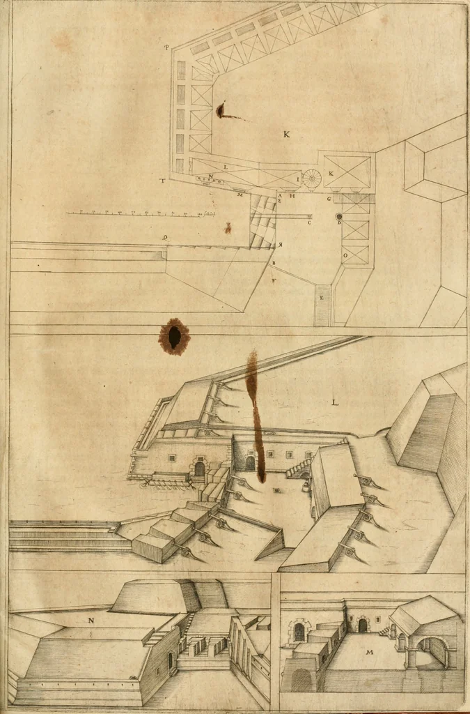 An illustration from Architectvra von Vestungen. Wie die zu vnsern Zeiten mögen erbawen werden, an Stätten, Schlössern vñ Clussen, zu Wasser, Land, Berg vñ Thal, mit jren Bollwercken, Caualiren, Streichen, Gräben vnd Leuffen, sampt deren gantzen Anhang vnd Nutzbarkeit, auch wie die Gegenwehr zu gebrauchen, was für Geschütz dahin gehörig, vnnd wie es geordnet vnnd gebraucht werden soll, alles ausz Grund vnd deren Fundamenten. Sampt den Grund Rissen, Visierungen, vnd Auffzügen für Augen gestellt, 1589, leaf 114