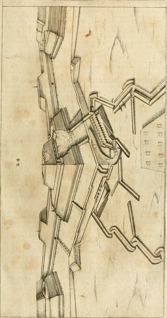 An illustration from Architectvra von Vestungen. Wie die zu vnsern Zeiten mögen erbawen werden, an Stätten, Schlössern vñ Clussen, zu Wasser, Land, Berg vñ Thal, mit jren Bollwercken, Caualiren, Streichen, Gräben vnd Leuffen, sampt deren gantzen Anhang vnd Nutzbarkeit, auch wie die Gegenwehr zu gebrauchen, was für Geschütz dahin gehörig, vnnd wie es geordnet vnnd gebraucht werden soll, alles ausz Grund vnd deren Fundamenten. Sampt den Grund Rissen, Visierungen, vnd Auffzügen für Augen gestellt, 1589, leaf 130