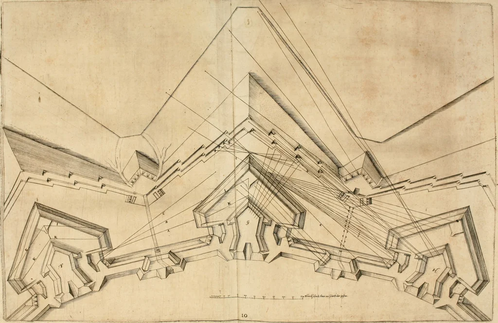 An illustration from Architectvra von Vestungen. Wie die zu vnsern Zeiten mögen erbawen werden, an Stätten, Schlössern vñ Clussen, zu Wasser, Land, Berg vñ Thal, mit jren Bollwercken, Caualiren, Streichen, Gräben vnd Leuffen, sampt deren gantzen Anhang vnd Nutzbarkeit, auch wie die Gegenwehr zu gebrauchen, was für Geschütz dahin gehörig, vnnd wie es geordnet vnnd gebraucht werden soll, alles ausz Grund vnd deren Fundamenten. Sampt den Grund Rissen, Visierungen, vnd Auffzügen für Augen gestellt, 1589, leaf 166