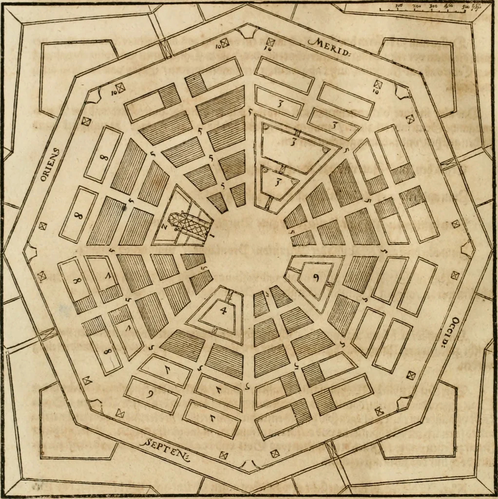 An illustration from Architectvra von Vestungen. Wie die zu vnsern Zeiten mögen erbawen werden, an Stätten, Schlössern vñ Clussen, zu Wasser, Land, Berg vñ Thal, mit jren Bollwercken, Caualiren, Streichen, Gräben vnd Leuffen, sampt deren gantzen Anhang vnd Nutzbarkeit, auch wie die Gegenwehr zu gebrauchen, was für Geschütz dahin gehörig, vnnd wie es geordnet vnnd gebraucht werden soll, alles ausz Grund vnd deren Fundamenten. Sampt den Grund Rissen, Visierungen, vnd Auffzügen für Augen gestellt, 1589, leaf 175