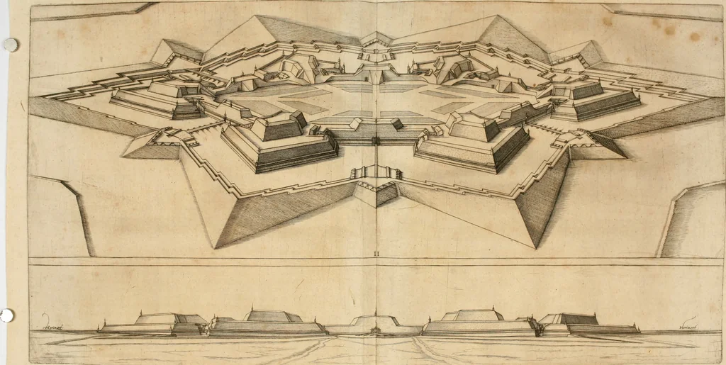 An illustration from Architectvra von Vestungen. Wie die zu vnsern Zeiten mögen erbawen werden, an Stätten, Schlössern vñ Clussen, zu Wasser, Land, Berg vñ Thal, mit jren Bollwercken, Caualiren, Streichen, Gräben vnd Leuffen, sampt deren gantzen Anhang vnd Nutzbarkeit, auch wie die Gegenwehr zu gebrauchen, was für Geschütz dahin gehörig, vnnd wie es geordnet vnnd gebraucht werden soll, alles ausz Grund vnd deren Fundamenten. Sampt den Grund Rissen, Visierungen, vnd Auffzügen für Augen gestellt, 1589, leaf 178