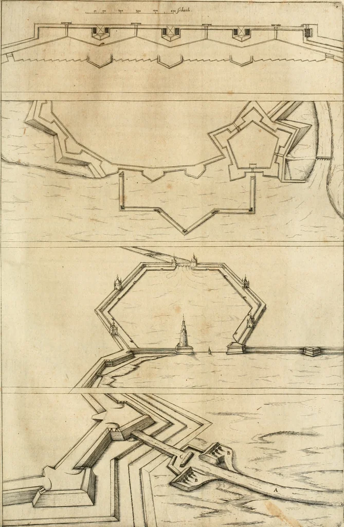 An illustration from Architectvra von Vestungen. Wie die zu vnsern Zeiten mögen erbawen werden, an Stätten, Schlössern vñ Clussen, zu Wasser, Land, Berg vñ Thal, mit jren Bollwercken, Caualiren, Streichen, Gräben vnd Leuffen, sampt deren gantzen Anhang vnd Nutzbarkeit, auch wie die Gegenwehr zu gebrauchen, was für Geschütz dahin gehörig, vnnd wie es geordnet vnnd gebraucht werden soll, alles ausz Grund vnd deren Fundamenten. Sampt den Grund Rissen, Visierungen, vnd Auffzügen für Augen gestellt, 1589, leaf 194