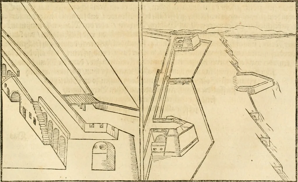 An illustration from Architectvra von Vestungen. Wie die zu vnsern Zeiten mögen erbawen werden, an Stätten, Schlössern vñ Clussen, zu Wasser, Land, Berg vñ Thal, mit jren Bollwercken, Caualiren, Streichen, Gräben vnd Leuffen, sampt deren gantzen Anhang vnd Nutzbarkeit, auch wie die Gegenwehr zu gebrauchen, was für Geschütz dahin gehörig, vnnd wie es geordnet vnnd gebraucht werden soll, alles ausz Grund vnd deren Fundamenten. Sampt den Grund Rissen, Visierungen, vnd Auffzügen für Augen gestellt, 1589, leaf 196