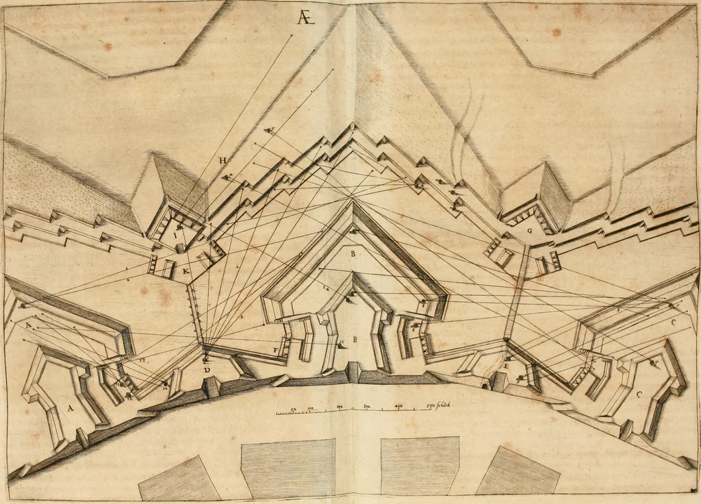 An illustration from Architectvra von Vestungen. Wie die zu vnsern Zeiten mögen erbawen werden, an Stätten, Schlössern vñ Clussen, zu Wasser, Land, Berg vñ Thal, mit jren Bollwercken, Caualiren, Streichen, Gräben vnd Leuffen, sampt deren gantzen Anhang vnd Nutzbarkeit, auch wie die Gegenwehr zu gebrauchen, was für Geschütz dahin gehörig, vnnd wie es geordnet vnnd gebraucht werden soll, alles ausz Grund vnd deren Fundamenten. Sampt den Grund Rissen, Visierungen, vnd Auffzügen für Augen gestellt, 1589, leaf 202