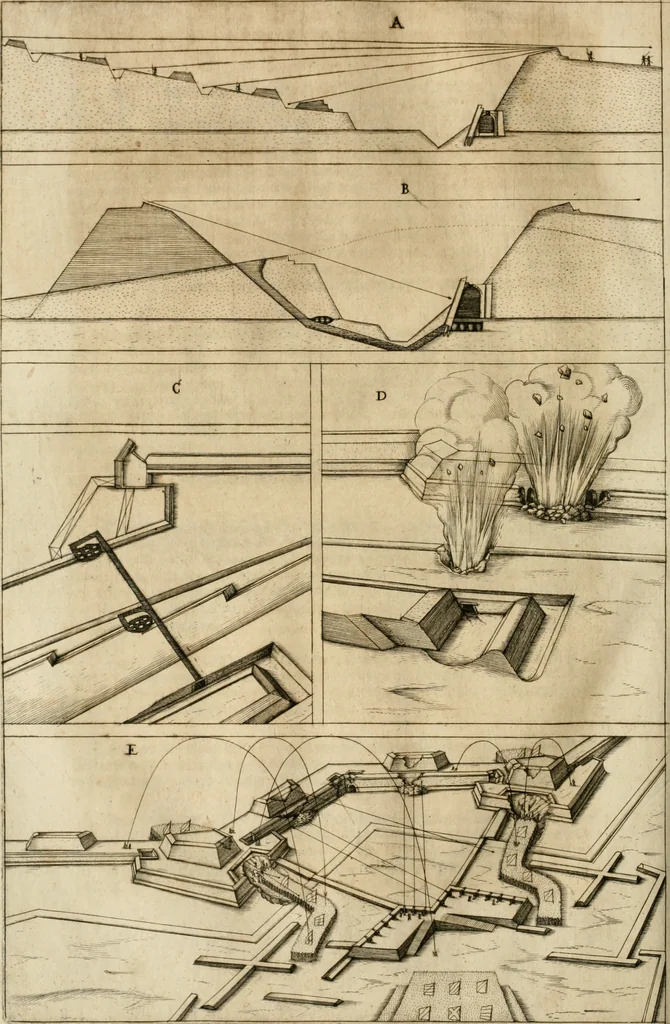 An illustration from Architectvra von Vestungen. Wie die zu vnsern Zeiten mögen erbawen werden, an Stätten, Schlössern vñ Clussen, zu Wasser, Land, Berg vñ Thal, mit jren Bollwercken, Caualiren, Streichen, Gräben vnd Leuffen, sampt deren gantzen Anhang vnd Nutzbarkeit, auch wie die Gegenwehr zu gebrauchen, was für Geschütz dahin gehörig, vnnd wie es geordnet vnnd gebraucht werden soll, alles ausz Grund vnd deren Fundamenten. Sampt den Grund Rissen, Visierungen, vnd Auffzügen für Augen gestellt, 1589, leaf 225