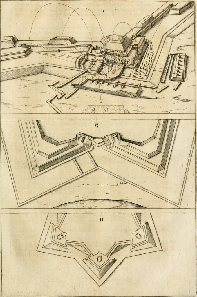 An illustration from Architectvra von Vestungen. Wie die zu vnsern Zeiten mögen erbawen werden, an Stätten, Schlössern vñ Clussen, zu Wasser, Land, Berg vñ Thal, mit jren Bollwercken, Caualiren, Streichen, Gräben vnd Leuffen, sampt deren gantzen Anhang vnd Nutzbarkeit, auch wie die Gegenwehr zu gebrauchen, was für Geschütz dahin gehörig, vnnd wie es geordnet vnnd gebraucht werden soll, alles ausz Grund vnd deren Fundamenten. Sampt den Grund Rissen, Visierungen, vnd Auffzügen für Augen gestellt, 1589, leaf 226