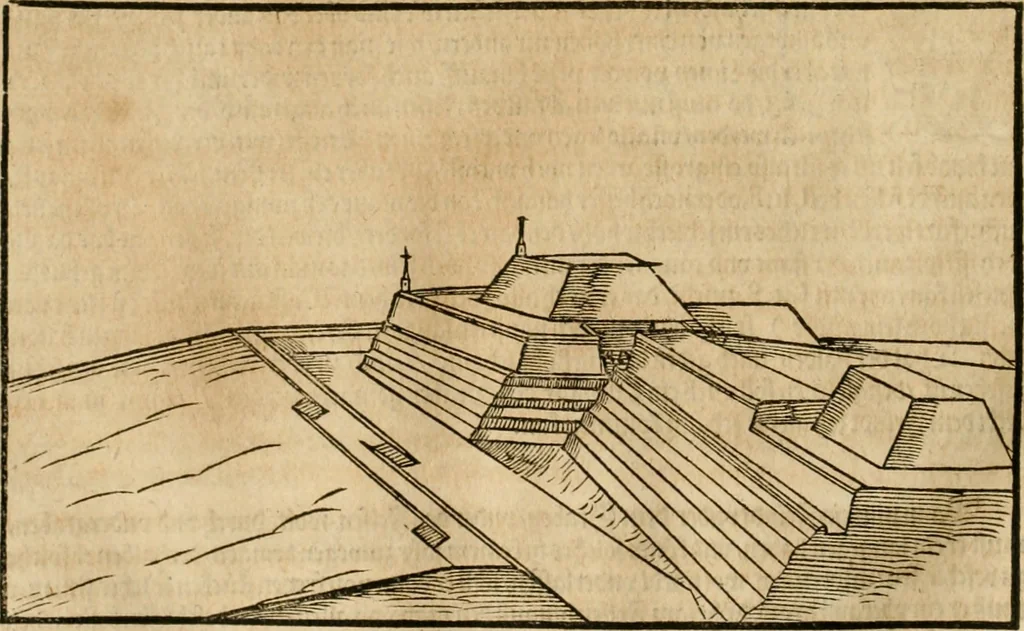 An illustration from Architectvra von Vestungen. Wie die zu vnsern Zeiten mögen erbawen werden, an Stätten, Schlössern vñ Clussen, zu Wasser, Land, Berg vñ Thal, mit jren Bollwercken, Caualiren, Streichen, Gräben vnd Leuffen, sampt deren gantzen Anhang vnd Nutzbarkeit, auch wie die Gegenwehr zu gebrauchen, was für Geschütz dahin gehörig, vnnd wie es geordnet vnnd gebraucht werden soll, alles ausz Grund vnd deren Fundamenten. Sampt den Grund Rissen, Visierungen, vnd Auffzügen für Augen gestellt, 1589, leaf 231