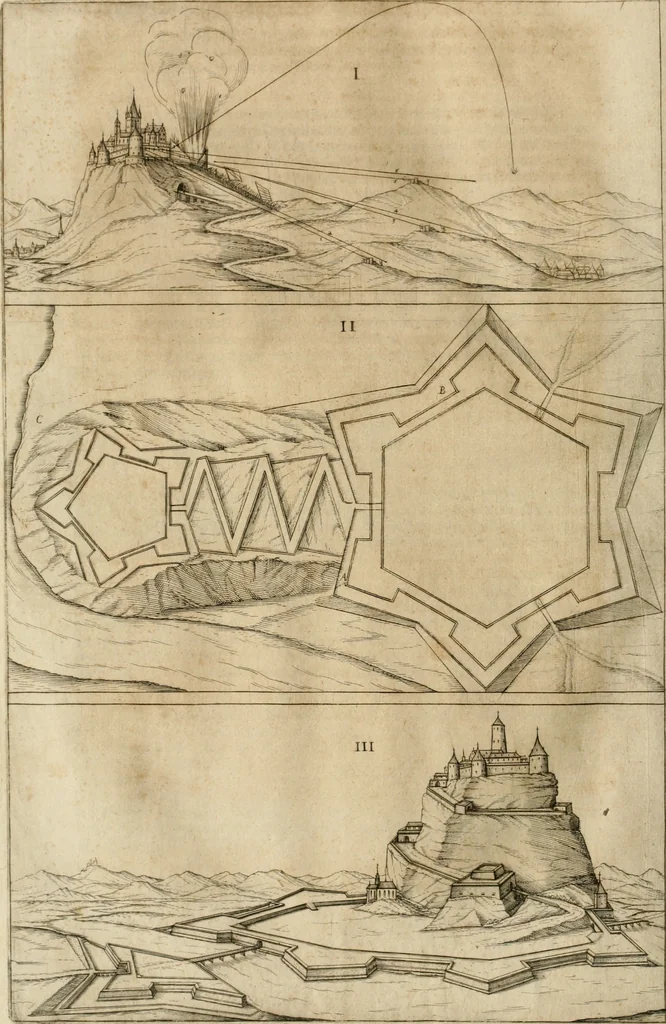 An illustration from Architectvra von Vestungen. Wie die zu vnsern Zeiten mögen erbawen werden, an Stätten, Schlössern vñ Clussen, zu Wasser, Land, Berg vñ Thal, mit jren Bollwercken, Caualiren, Streichen, Gräben vnd Leuffen, sampt deren gantzen Anhang vnd Nutzbarkeit, auch wie die Gegenwehr zu gebrauchen, was für Geschütz dahin gehörig, vnnd wie es geordnet vnnd gebraucht werden soll, alles ausz Grund vnd deren Fundamenten. Sampt den Grund Rissen, Visierungen, vnd Auffzügen für Augen gestellt, 1589, leaf 237