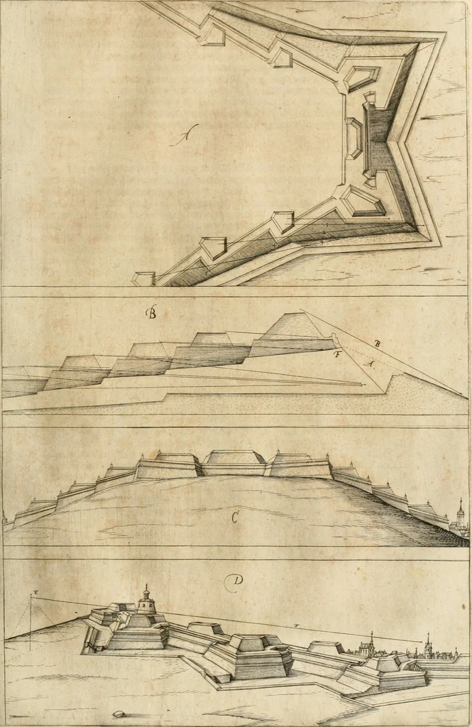 An illustration from Architectvra von Vestungen. Wie die zu vnsern Zeiten mögen erbawen werden, an Stätten, Schlössern vñ Clussen, zu Wasser, Land, Berg vñ Thal, mit jren Bollwercken, Caualiren, Streichen, Gräben vnd Leuffen, sampt deren gantzen Anhang vnd Nutzbarkeit, auch wie die Gegenwehr zu gebrauchen, was für Geschütz dahin gehörig, vnnd wie es geordnet vnnd gebraucht werden soll, alles ausz Grund vnd deren Fundamenten. Sampt den Grund Rissen, Visierungen, vnd Auffzügen für Augen gestellt, 1589, leaf 238