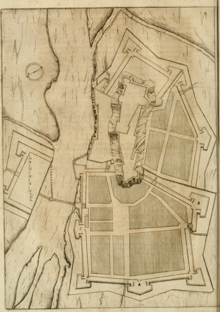 An illustration from Architectvra von Vestungen. Wie die zu vnsern Zeiten mögen erbawen werden, an Stätten, Schlössern vñ Clussen, zu Wasser, Land, Berg vñ Thal, mit jren Bollwercken, Caualiren, Streichen, Gräben vnd Leuffen, sampt deren gantzen Anhang vnd Nutzbarkeit, auch wie die Gegenwehr zu gebrauchen, was für Geschütz dahin gehörig, vnnd wie es geordnet vnnd gebraucht werden soll, alles ausz Grund vnd deren Fundamenten. Sampt den Grund Rissen, Visierungen, vnd Auffzügen für Augen gestellt, 1589, leaf 245