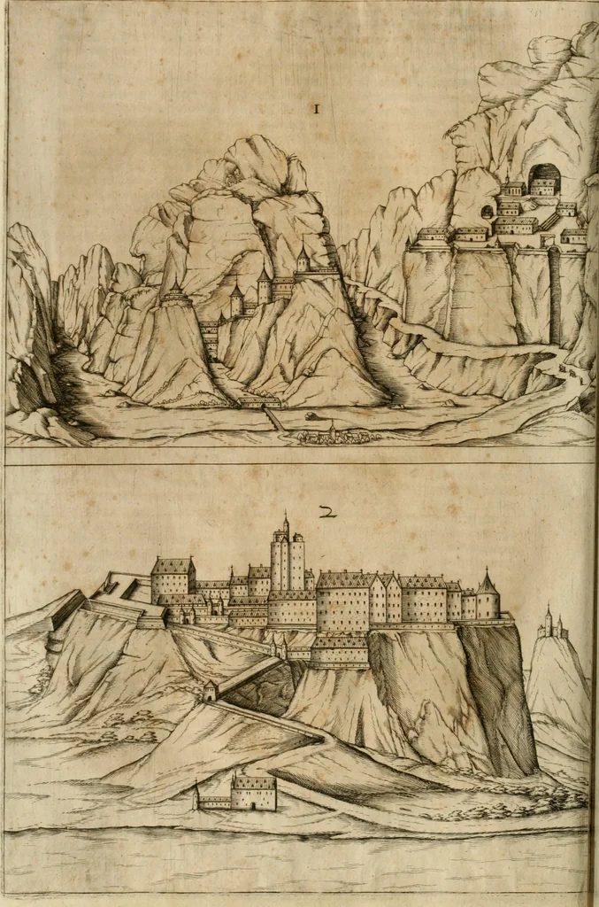 An illustration from Architectvra von Vestungen. Wie die zu vnsern Zeiten mögen erbawen werden, an Stätten, Schlössern vñ Clussen, zu Wasser, Land, Berg vñ Thal, mit jren Bollwercken, Caualiren, Streichen, Gräben vnd Leuffen, sampt deren gantzen Anhang vnd Nutzbarkeit, auch wie die Gegenwehr zu gebrauchen, was für Geschütz dahin gehörig, vnnd wie es geordnet vnnd gebraucht werden soll, alles ausz Grund vnd deren Fundamenten. Sampt den Grund Rissen, Visierungen, vnd Auffzügen für Augen gestellt, 1589, leaf 261