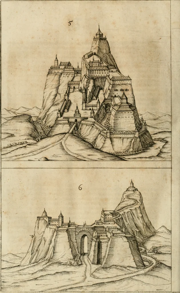 An illustration from Architectvra von Vestungen. Wie die zu vnsern Zeiten mögen erbawen werden, an Stätten, Schlössern vñ Clussen, zu Wasser, Land, Berg vñ Thal, mit jren Bollwercken, Caualiren, Streichen, Gräben vnd Leuffen, sampt deren gantzen Anhang vnd Nutzbarkeit, auch wie die Gegenwehr zu gebrauchen, was für Geschütz dahin gehörig, vnnd wie es geordnet vnnd gebraucht werden soll, alles ausz Grund vnd deren Fundamenten. Sampt den Grund Rissen, Visierungen, vnd Auffzügen für Augen gestellt, 1589, leaf 269