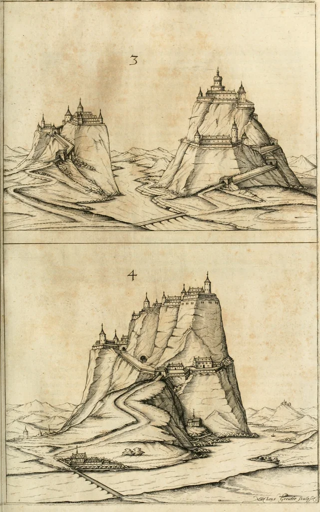 An illustration from Architectvra von Vestungen. Wie die zu vnsern Zeiten mögen erbawen werden, an Stätten, Schlössern vñ Clussen, zu Wasser, Land, Berg vñ Thal, mit jren Bollwercken, Caualiren, Streichen, Gräben vnd Leuffen, sampt deren gantzen Anhang vnd Nutzbarkeit, auch wie die Gegenwehr zu gebrauchen, was für Geschütz dahin gehörig, vnnd wie es geordnet vnnd gebraucht werden soll, alles ausz Grund vnd deren Fundamenten. Sampt den Grund Rissen, Visierungen, vnd Auffzügen für Augen gestellt, 1589, leaf 270