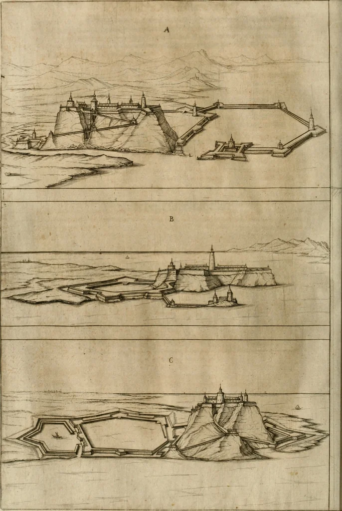 An illustration from Architectvra von Vestungen. Wie die zu vnsern Zeiten mögen erbawen werden, an Stätten, Schlössern vñ Clussen, zu Wasser, Land, Berg vñ Thal, mit jren Bollwercken, Caualiren, Streichen, Gräben vnd Leuffen, sampt deren gantzen Anhang vnd Nutzbarkeit, auch wie die Gegenwehr zu gebrauchen, was für Geschütz dahin gehörig, vnnd wie es geordnet vnnd gebraucht werden soll, alles ausz Grund vnd deren Fundamenten. Sampt den Grund Rissen, Visierungen, vnd Auffzügen für Augen gestellt, 1589, leaf 277