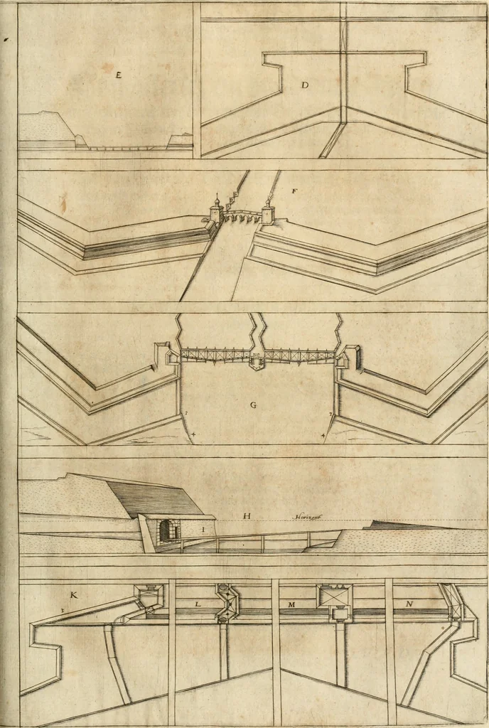 An illustration from Architectvra von Vestungen. Wie die zu vnsern Zeiten mögen erbawen werden, an Stätten, Schlössern vñ Clussen, zu Wasser, Land, Berg vñ Thal, mit jren Bollwercken, Caualiren, Streichen, Gräben vnd Leuffen, sampt deren gantzen Anhang vnd Nutzbarkeit, auch wie die Gegenwehr zu gebrauchen, was für Geschütz dahin gehörig, vnnd wie es geordnet vnnd gebraucht werden soll, alles ausz Grund vnd deren Fundamenten. Sampt den Grund Rissen, Visierungen, vnd Auffzügen für Augen gestellt, 1589, leaf 278