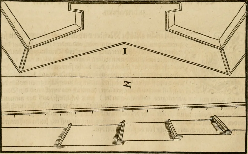 An illustration from Architectvra von Vestungen. Wie die zu vnsern Zeiten mögen erbawen werden, an Stätten, Schlössern vñ Clussen, zu Wasser, Land, Berg vñ Thal, mit jren Bollwercken, Caualiren, Streichen, Gräben vnd Leuffen, sampt deren gantzen Anhang vnd Nutzbarkeit, auch wie die Gegenwehr zu gebrauchen, was für Geschütz dahin gehörig, vnnd wie es geordnet vnnd gebraucht werden soll, alles ausz Grund vnd deren Fundamenten. Sampt den Grund Rissen, Visierungen, vnd Auffzügen für Augen gestellt, 1589, leaf 281