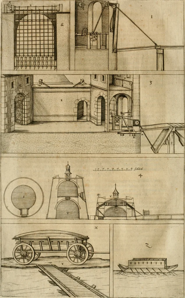 An illustration from Architectvra von Vestungen. Wie die zu vnsern Zeiten mögen erbawen werden, an Stätten, Schlössern vñ Clussen, zu Wasser, Land, Berg vñ Thal, mit jren Bollwercken, Caualiren, Streichen, Gräben vnd Leuffen, sampt deren gantzen Anhang vnd Nutzbarkeit, auch wie die Gegenwehr zu gebrauchen, was für Geschütz dahin gehörig, vnnd wie es geordnet vnnd gebraucht werden soll, alles ausz Grund vnd deren Fundamenten. Sampt den Grund Rissen, Visierungen, vnd Auffzügen für Augen gestellt, 1589, leaf 301