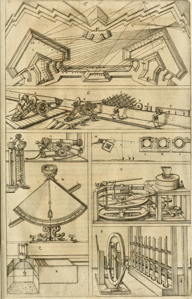 An illustration from Architectvra von Vestungen. Wie die zu vnsern Zeiten mögen erbawen werden, an Stätten, Schlössern vñ Clussen, zu Wasser, Land, Berg vñ Thal, mit jren Bollwercken, Caualiren, Streichen, Gräben vnd Leuffen, sampt deren gantzen Anhang vnd Nutzbarkeit, auch wie die Gegenwehr zu gebrauchen, was für Geschütz dahin gehörig, vnnd wie es geordnet vnnd gebraucht werden soll, alles ausz Grund vnd deren Fundamenten. Sampt den Grund Rissen, Visierungen, vnd Auffzügen für Augen gestellt, 1589, leaf 310