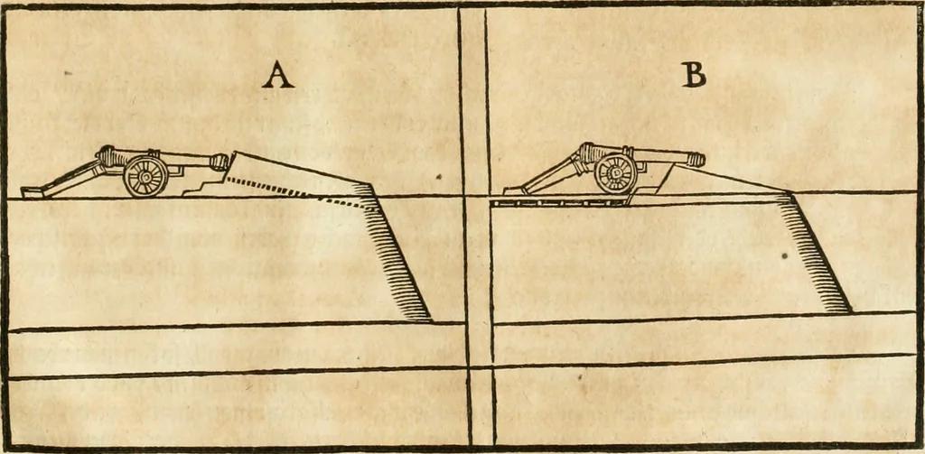An illustration from Architectvra von Vestungen. Wie die zu vnsern Zeiten mögen erbawen werden, an Stätten, Schlössern vñ Clussen, zu Wasser, Land, Berg vñ Thal, mit jren Bollwercken, Caualiren, Streichen, Gräben vnd Leuffen, sampt deren gantzen Anhang vnd Nutzbarkeit, auch wie die Gegenwehr zu gebrauchen, was für Geschütz dahin gehörig, vnnd wie es geordnet vnnd gebraucht werden soll, alles ausz Grund vnd deren Fundamenten. Sampt den Grund Rissen, Visierungen, vnd Auffzügen für Augen gestellt, 1589, leaf 314