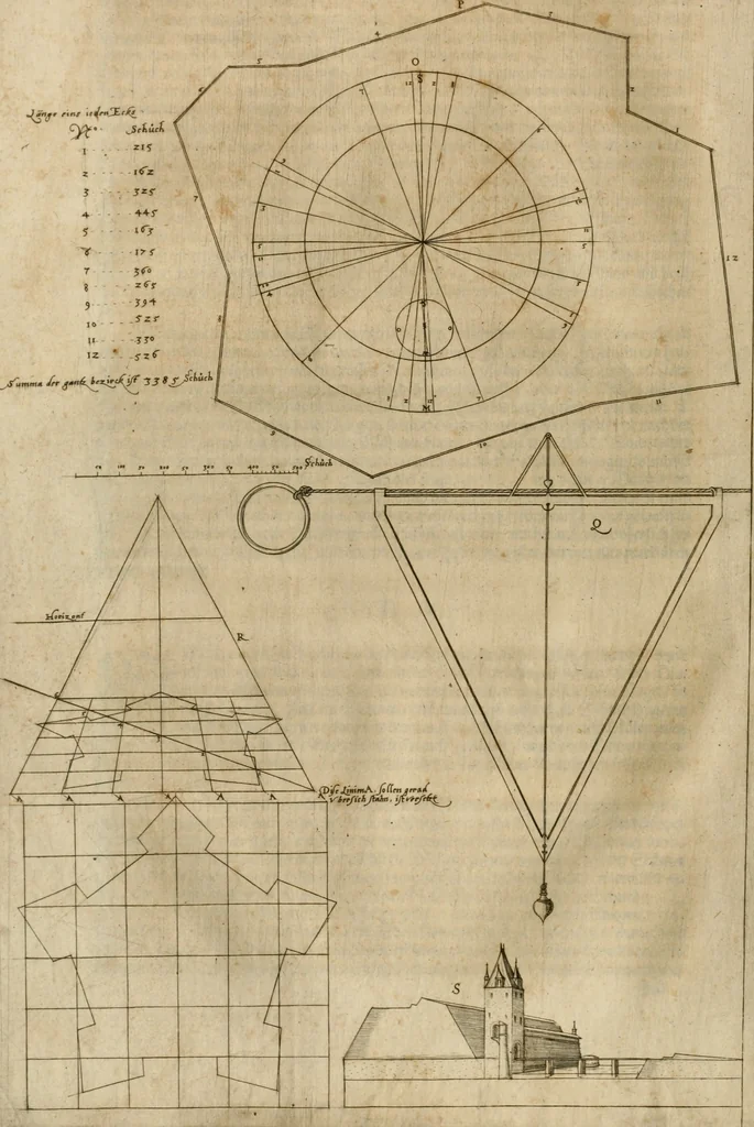 An illustration from Architectvra von Vestungen. Wie die zu vnsern Zeiten mögen erbawen werden, an Stätten, Schlössern vñ Clussen, zu Wasser, Land, Berg vñ Thal, mit jren Bollwercken, Caualiren, Streichen, Gräben vnd Leuffen, sampt deren gantzen Anhang vnd Nutzbarkeit, auch wie die Gegenwehr zu gebrauchen, was für Geschütz dahin gehörig, vnnd wie es geordnet vnnd gebraucht werden soll, alles ausz Grund vnd deren Fundamenten. Sampt den Grund Rissen, Visierungen, vnd Auffzügen für Augen gestellt, 1589, leaf 37