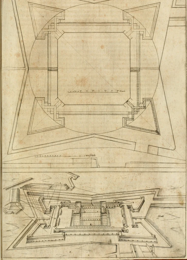 An illustration from Architectvra von Vestungen. Wie die zu vnsern Zeiten mögen erbawen werden, an Stätten, Schlössern vñ Clussen, zu Wasser, Land, Berg vñ Thal, mit jren Bollwercken, Caualiren, Streichen, Gräben vnd Leuffen, sampt deren gantzen Anhang vnd Nutzbarkeit, auch wie die Gegenwehr zu gebrauchen, was für Geschütz dahin gehörig, vnnd wie es geordnet vnnd gebraucht werden soll, alles ausz Grund vnd deren Fundamenten. Sampt den Grund Rissen, Visierungen, vnd Auffzügen für Augen gestellt, 1589, leaf 60