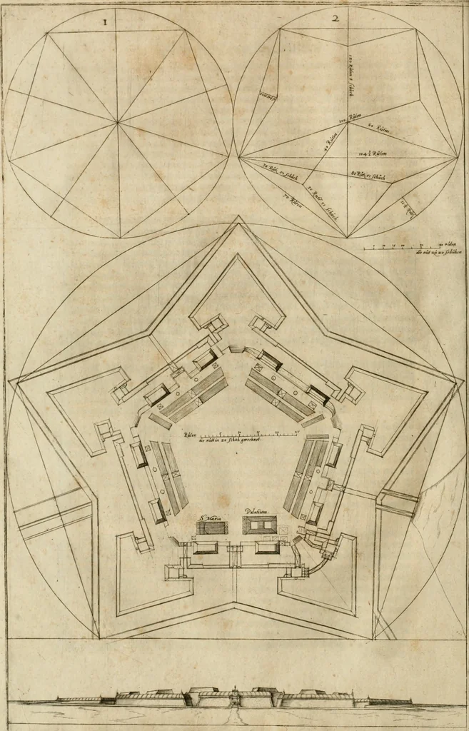 An illustration from Architectvra von Vestungen. Wie die zu vnsern Zeiten mögen erbawen werden, an Stätten, Schlössern vñ Clussen, zu Wasser, Land, Berg vñ Thal, mit jren Bollwercken, Caualiren, Streichen, Gräben vnd Leuffen, sampt deren gantzen Anhang vnd Nutzbarkeit, auch wie die Gegenwehr zu gebrauchen, was für Geschütz dahin gehörig, vnnd wie es geordnet vnnd gebraucht werden soll, alles ausz Grund vnd deren Fundamenten. Sampt den Grund Rissen, Visierungen, vnd Auffzügen für Augen gestellt, 1589, leaf 65