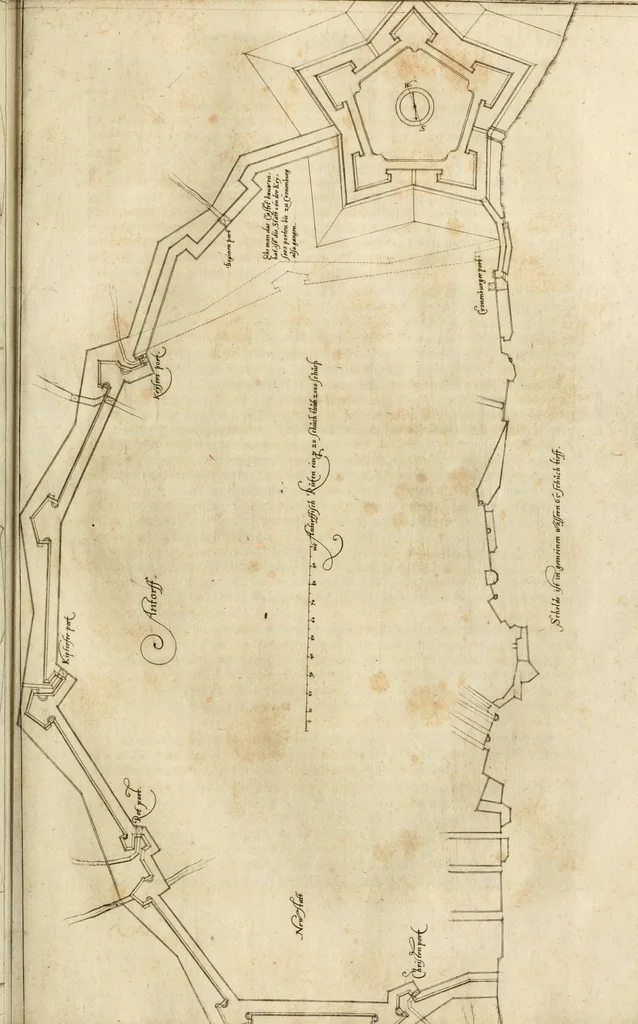 An illustration from Architectvra von Vestungen. Wie die zu vnsern Zeiten mögen erbawen werden, an Stätten, Schlössern vñ Clussen, zu Wasser, Land, Berg vñ Thal, mit jren Bollwercken, Caualiren, Streichen, Gräben vnd Leuffen, sampt deren gantzen Anhang vnd Nutzbarkeit, auch wie die Gegenwehr zu gebrauchen, was für Geschütz dahin gehörig, vnnd wie es geordnet vnnd gebraucht werden soll, alles ausz Grund vnd deren Fundamenten. Sampt den Grund Rissen, Visierungen, vnd Auffzügen für Augen gestellt, 1589, leaf 66