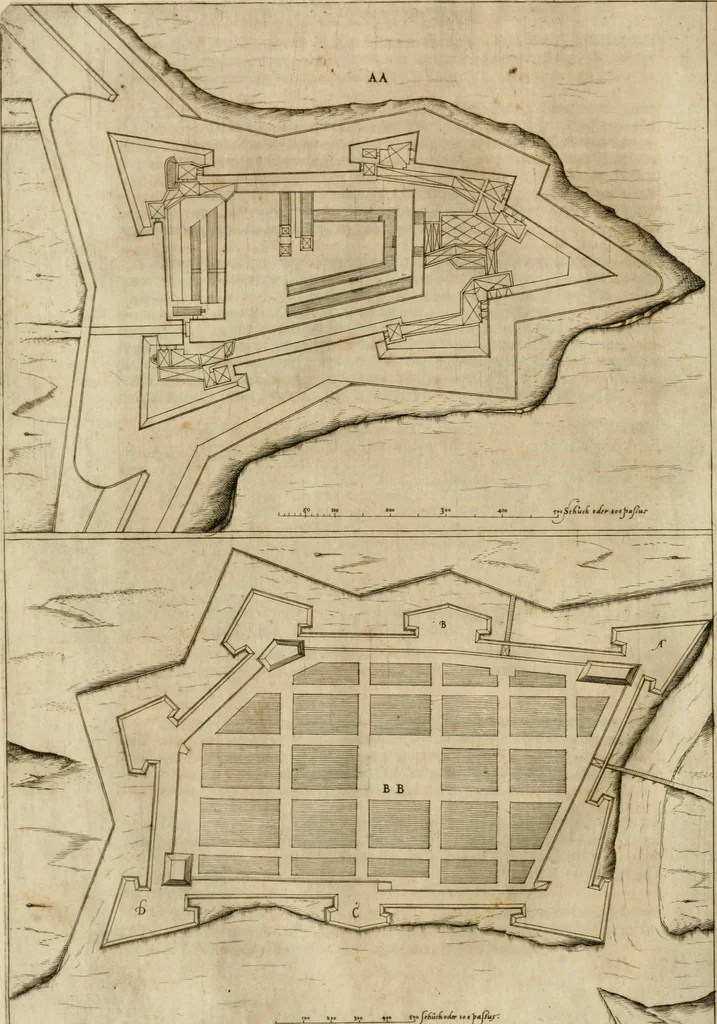 An illustration from Architectvra von Vestungen. Wie die zu vnsern Zeiten mögen erbawen werden, an Stätten, Schlössern vñ Clussen, zu Wasser, Land, Berg vñ Thal, mit jren Bollwercken, Caualiren, Streichen, Gräben vnd Leuffen, sampt deren gantzen Anhang vnd Nutzbarkeit, auch wie die Gegenwehr zu gebrauchen, was für Geschütz dahin gehörig, vnnd wie es geordnet vnnd gebraucht werden soll, alles ausz Grund vnd deren Fundamenten. Sampt den Grund Rissen, Visierungen, vnd Auffzügen für Augen gestellt, 1589, leaf 77