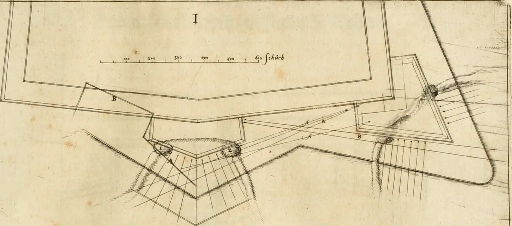 An illustration from Architectvra von Vestungen. Wie die zu vnsern Zeiten mögen erbawen werden, an Stätten, Schlössern vñ Clussen, zu Wasser, Land, Berg vñ Thal, mit jren Bollwercken, Caualiren, Streichen, Gräben vnd Leuffen, sampt deren gantzen Anhang vnd Nutzbarkeit, auch wie die Gegenwehr zu gebrauchen, was für Geschütz dahin gehörig, vnnd wie es geordnet vnnd gebraucht werden soll, alles ausz Grund vnd deren Fundamenten. Sampt den Grund Rissen, Visierungen, vnd Auffzügen für Augen gestellt, 1589, leaf 78