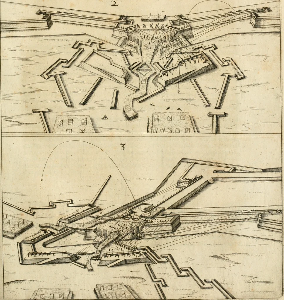An illustration from Architectvra von Vestungen. Wie die zu vnsern Zeiten mögen erbawen werden, an Stätten, Schlössern vñ Clussen, zu Wasser, Land, Berg vñ Thal, mit jren Bollwercken, Caualiren, Streichen, Gräben vnd Leuffen, sampt deren gantzen Anhang vnd Nutzbarkeit, auch wie die Gegenwehr zu gebrauchen, was für Geschütz dahin gehörig, vnnd wie es geordnet vnnd gebraucht werden soll, alles ausz Grund vnd deren Fundamenten. Sampt den Grund Rissen, Visierungen, vnd Auffzügen für Augen gestellt, 1589, leaf 78