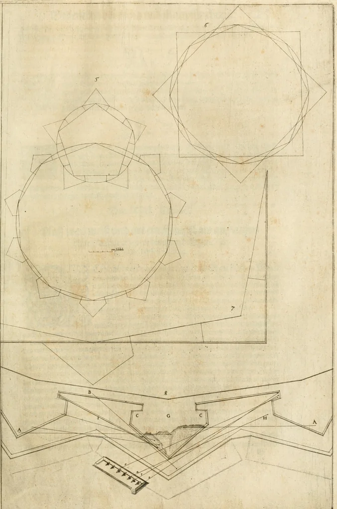 An illustration from Architectvra von Vestungen. Wie die zu vnsern Zeiten mögen erbawen werden, an Stätten, Schlössern vñ Clussen, zu Wasser, Land, Berg vñ Thal, mit jren Bollwercken, Caualiren, Streichen, Gräben vnd Leuffen, sampt deren gantzen Anhang vnd Nutzbarkeit, auch wie die Gegenwehr zu gebrauchen, was für Geschütz dahin gehörig, vnnd wie es geordnet vnnd gebraucht werden soll, alles ausz Grund vnd deren Fundamenten. Sampt den Grund Rissen, Visierungen, vnd Auffzügen für Augen gestellt, 1589, leaf 90