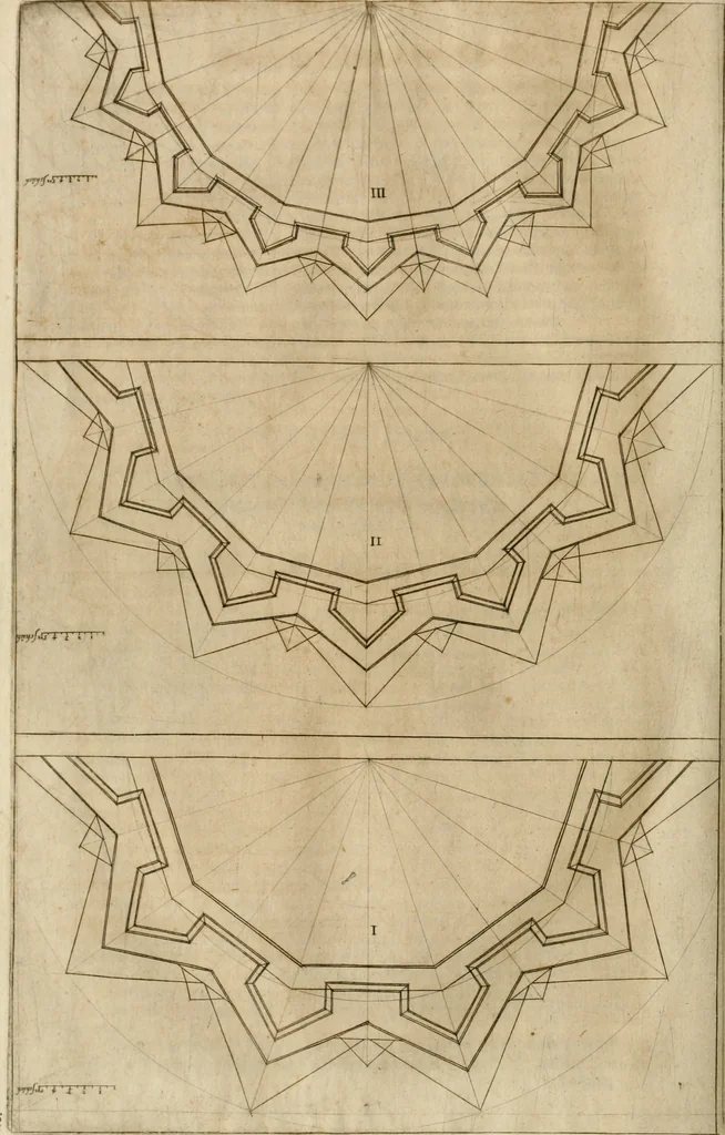 An illustration from Architectvra von Vestungen. Wie die zu vnsern Zeiten mögen erbawen werden, an Stätten, Schlössern vñ Clussen, zu Wasser, Land, Berg vñ Thal, mit jren Bollwercken, Caualiren, Streichen, Gräben vnd Leuffen, sampt deren gantzen Anhang vnd Nutzbarkeit, auch wie die Gegenwehr zu gebrauchen, was für Geschütz dahin gehörig, vnnd wie es geordnet vnnd gebraucht werden soll, alles ausz Grund vnd deren Fundamenten. Sampt den Grund Rissen, Visierungen, vnd Auffzügen für Augen gestellt, 1589, leaf 97