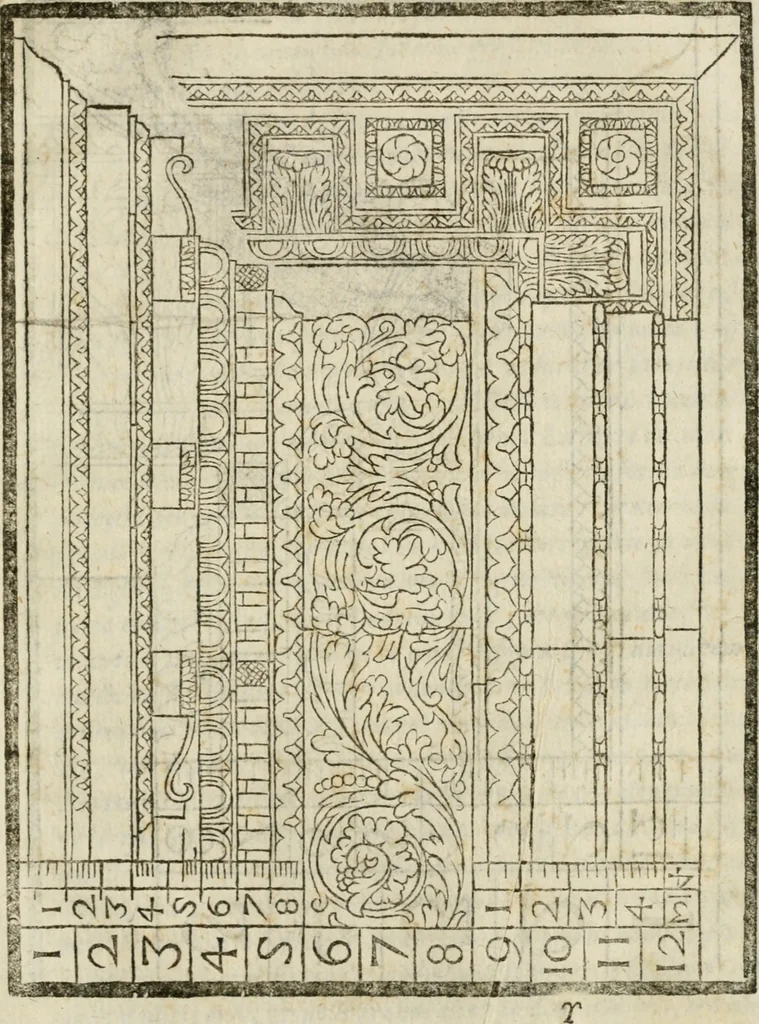 An illustration from Della architettura di Gioseffe Viola Zanini, padovano pittore et architetto, libri due : ne' quali con nuoua simmetria & facoltà si mostrano le giuste regole de i cinque ordini di detta architettura, & osseruationi de'più eccellenti architetti, che in quella habbiano dato ammaestramenti .., 1629, leaf 444