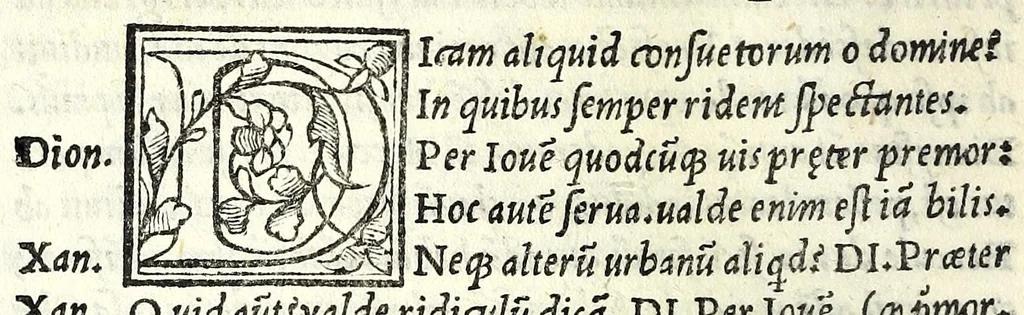 An illustration from Aristophanis comicorum prinicipis Comoediae vndecim, è graeco in latinum, ad verbu[m], translatae, 1542, leaf 104