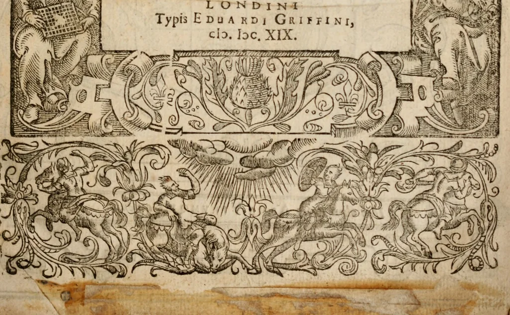 An illustration from Aristotelous technēs rētorikēs, biblia tria = Aristotelis de rhetorica seu arte dicendi libri tres, græcolat. : contextu græco, ad exemplaria selectiora emendato : latino, paraphrasi, vbi opus, intertexto : vtroque, etiam in particulas distincto : margini interiori, adscriptis locis authoris, exipso citatis, vel en parallēlo similibus : exteriori, adposita analytica methodo, cuius tabulæ synopticæ, in sua loca distributæ, 1619, leaf 4