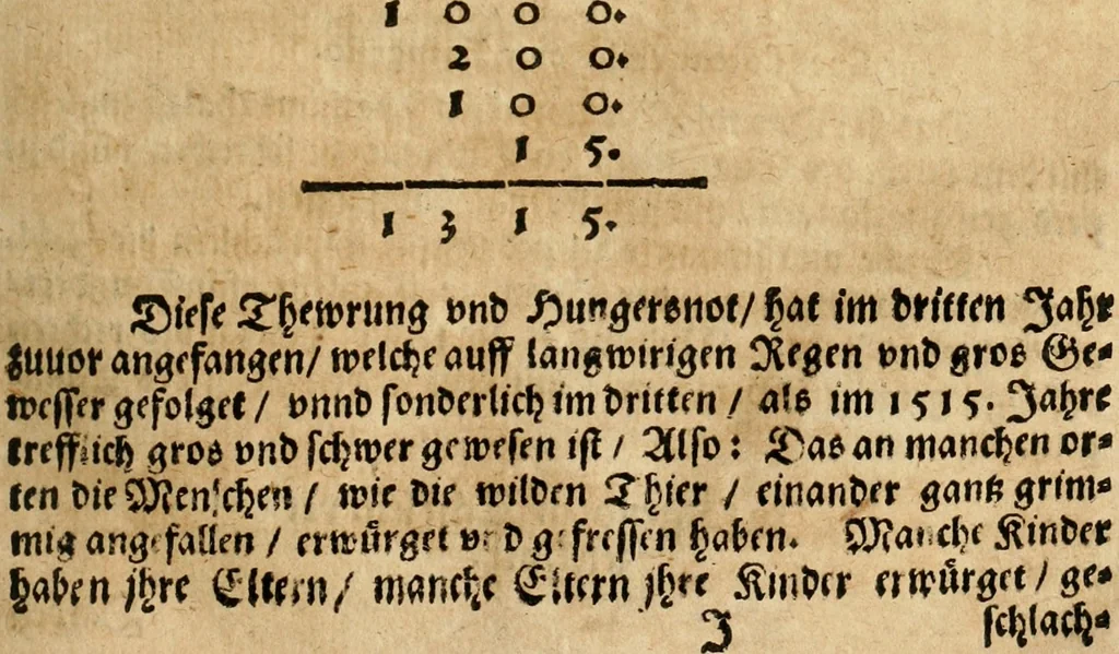 An illustration from Arithmetica historica. Die löbliche Rechenkunst. Durch alle Species und fürnembste Regeln mit schönen gedenckwirdigen Historien und Exempeln; auch mit Hebraischer, Grichischer, und Römischer Münke, Gewicht und Mass, deren in heiliger Schrifft und gutten Geschichtbüchern gedache wird, der lieben Jugend zu gutte erkleret. Auch denen die nicht Rechnen können, wegen vieler schönen Historien und derselbigen bedeutungen lustig und lieblich zu lesen. Aus viel gutten Büchern und Schrifften mit fleis zusammen getragen, 1593, leaf 84