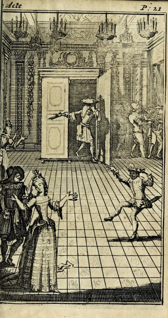 An illustration from Arlequin comedien aux Champs Elisées : nouvelle historique, allegorique & comique, 1694, leaf 27