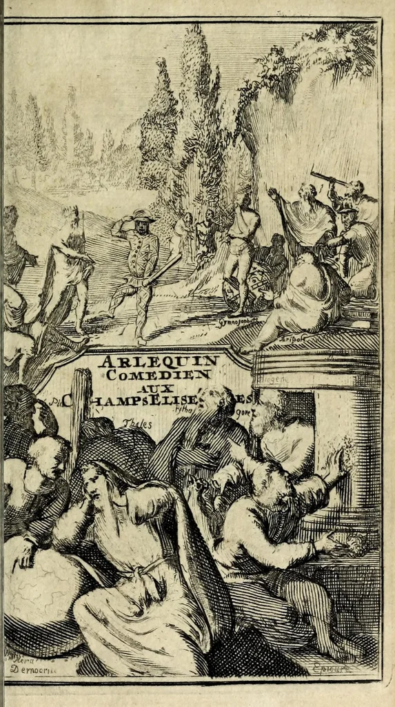An illustration from Arlequin comedien aux Champs Elisées : nouvelle historique, allegorique & comique, 1694, leaf 5