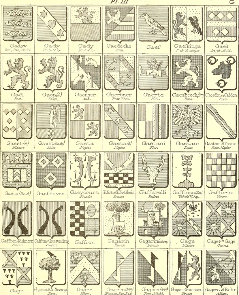 An illustration from Armoiries des familles contenues dans l'Armorial général de J.B. Rieststap [sic], 1903, leaf 14
