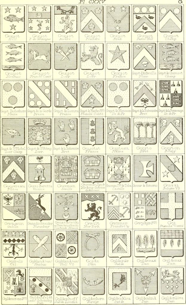 An illustration from Armoiries des familles contenues dans l'Armorial général de J.B. Rieststap [sic], 1903, leaf 258
