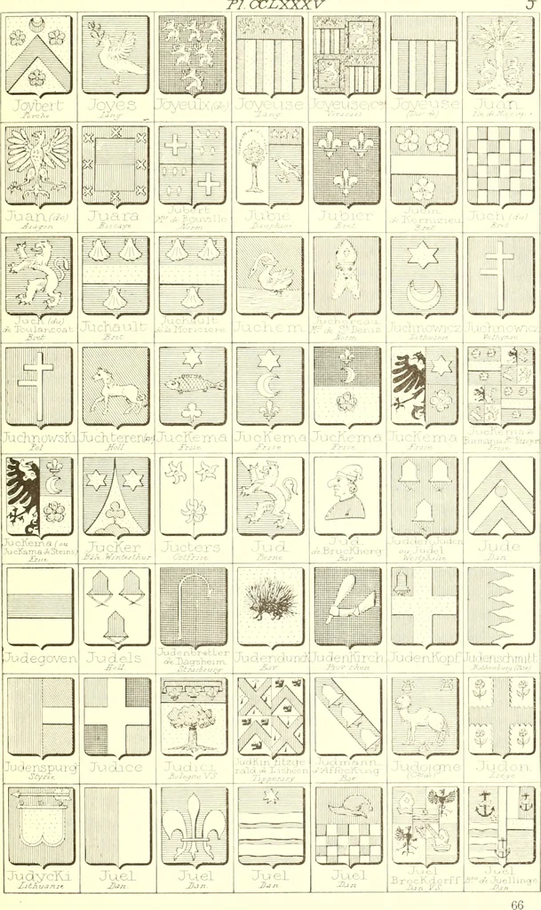An illustration from Armoiries des familles contenues dans l'Armorial général de J.B. Rieststap [sic], 1903, leaf 582