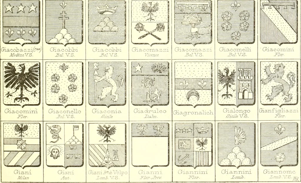 An illustration from Armoiries des familles contenues dans l'Armorial général de J.B. Rieststap [sic], 1903, leaf 96