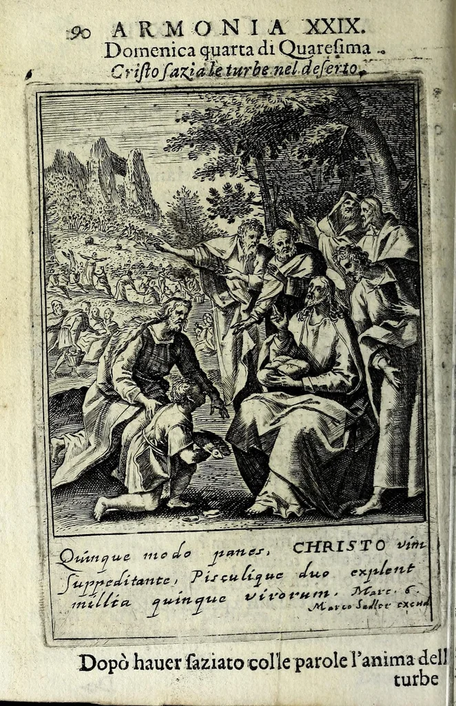 An illustration from Armonia contemplativa sopra la vita di Giesù Christo : delli santi Filippo Neri, Ignatio Loiola, Caietano di Tieni, e Teresa di Giesù : disposta secondo l'ordine delli Vangeli non solo per tutti li giorni dell'anno, mesi e settimane, ma ancora per tutte le feste principali : consegrata all'altezza serenissima Anna Maria Isabella, duchessa di Mantoua, Monferrato, Guastalla, &c., 1690, leaf 106