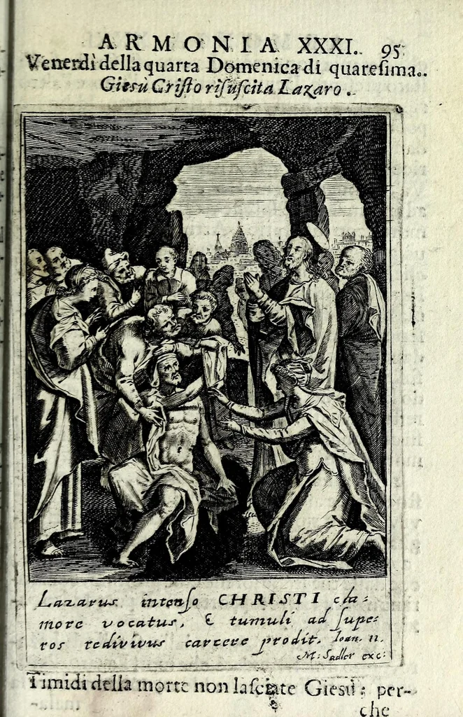 An illustration from Armonia contemplativa sopra la vita di Giesù Christo : delli santi Filippo Neri, Ignatio Loiola, Caietano di Tieni, e Teresa di Giesù : disposta secondo l'ordine delli Vangeli non solo per tutti li giorni dell'anno, mesi e settimane, ma ancora per tutte le feste principali : consegrata all'altezza serenissima Anna Maria Isabella, duchessa di Mantoua, Monferrato, Guastalla, &c., 1690, leaf 111